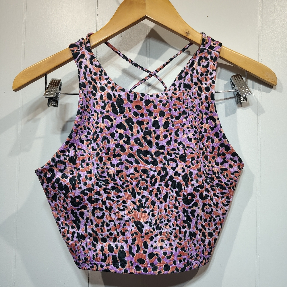 JoyLab Leopard Print Sports Bra Small  Purple Strappy Criss Cross‎ Back